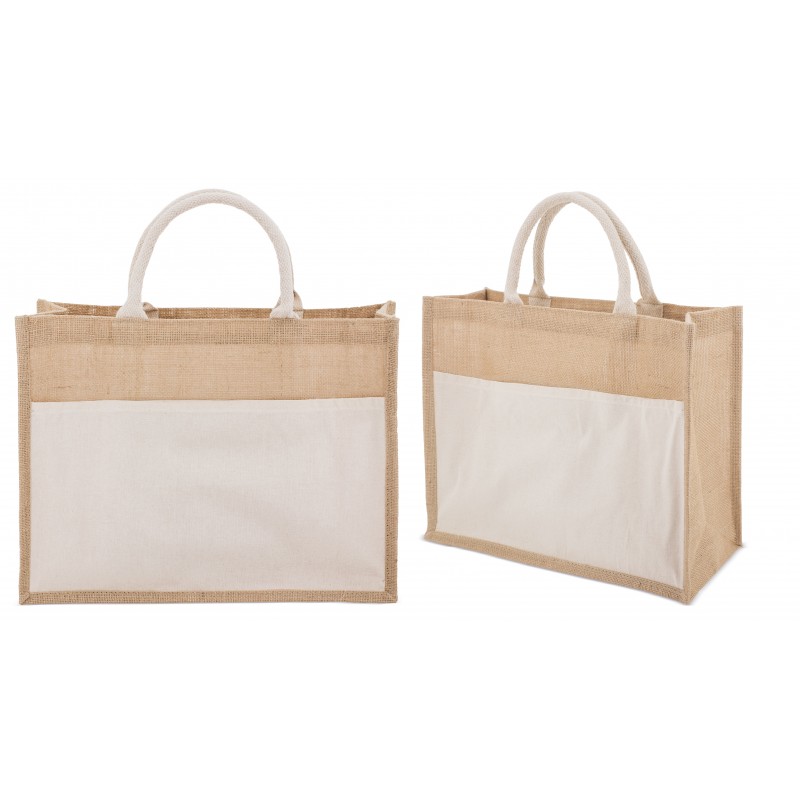 Borsa in Juta Laminata e Cotone con Tasca Esterna