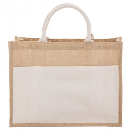 Borsa in Juta Laminata e Cotone con Tasca Esterna