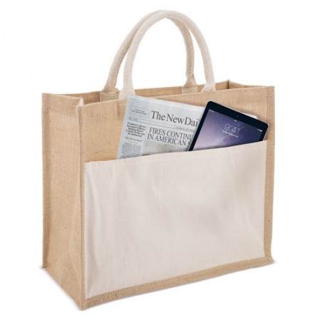 Borsa in Juta Laminata e Cotone con Tasca Esterna