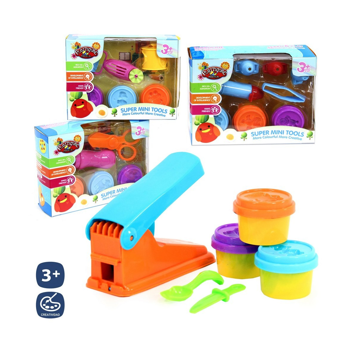 S 3 barattoli di plastilina con stampi e accessori 4 m