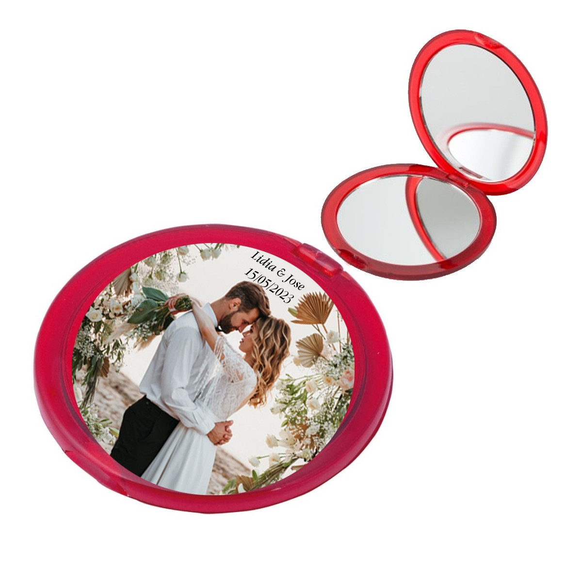 Specchio personalizzato a colori con foto e testo per matrimoni, battesimi, comunioni, compleanni o scopi aziendali.