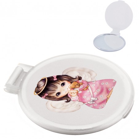 Specchio bianco con adesivo bambina angioletto in sacchetto di organza beige