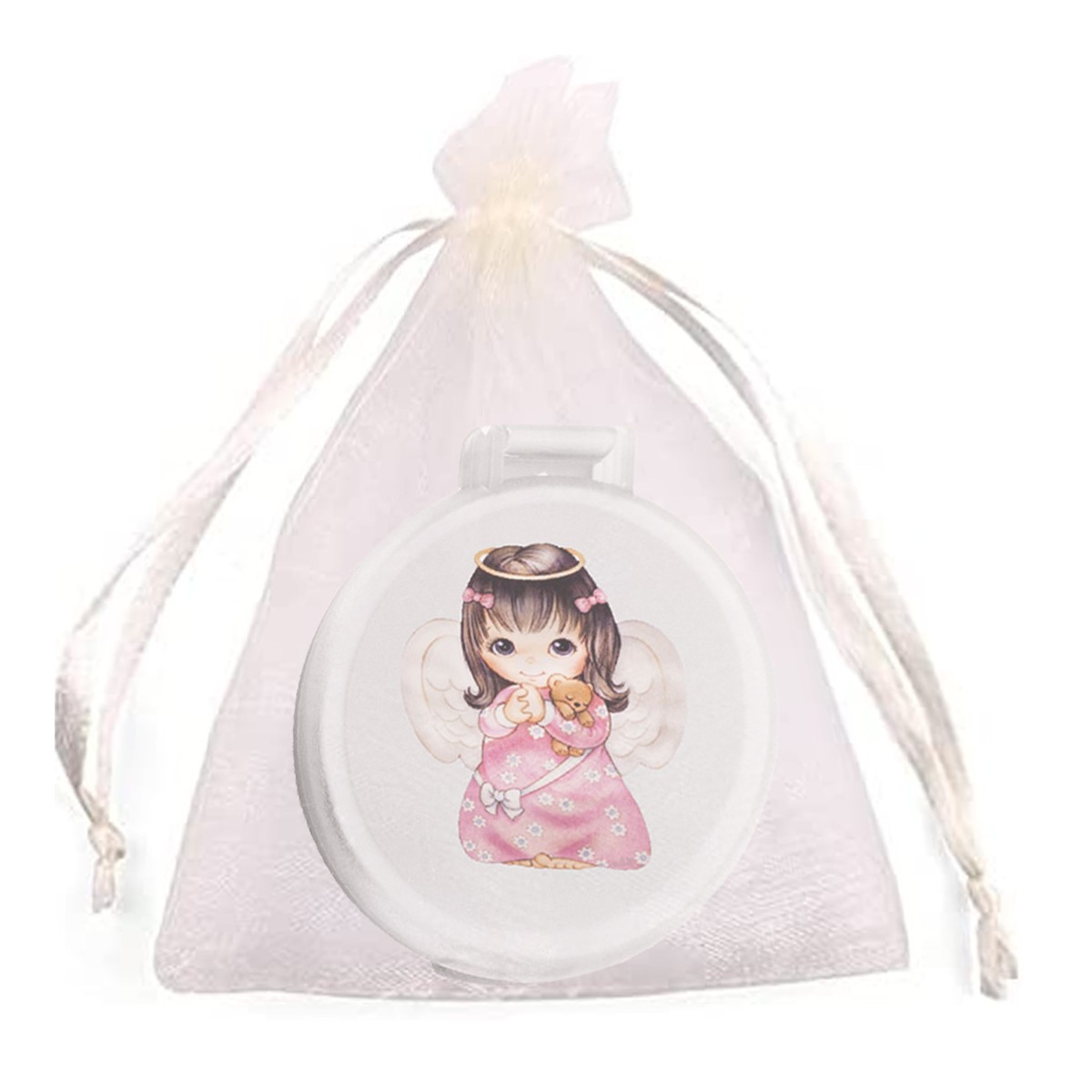 Specchio bianco con adesivo bambina angioletto in sacchetto di organza beige