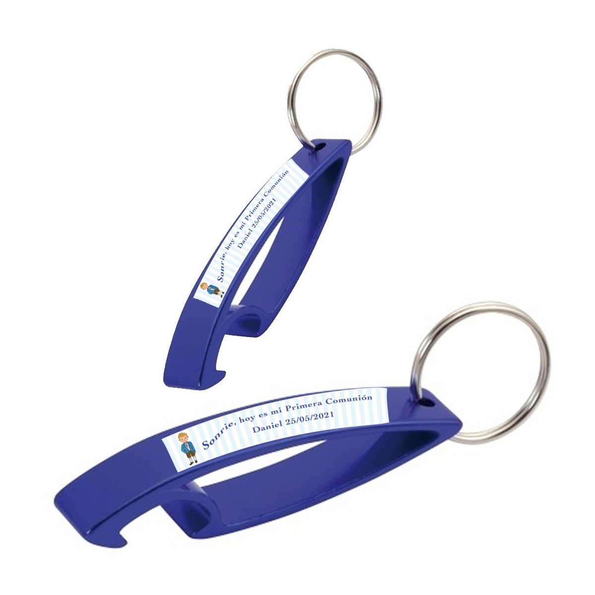 Portachiavi apribottiglie blu personalizzato con adesivo bambino comunione