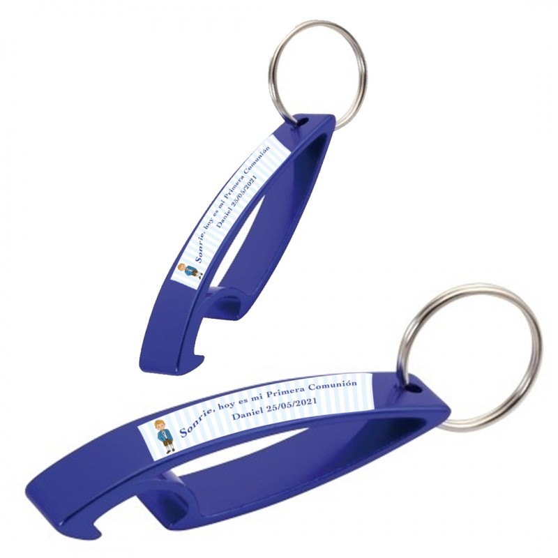 Portachiavi apribottiglie blu personalizzato con adesivo bambino comunione