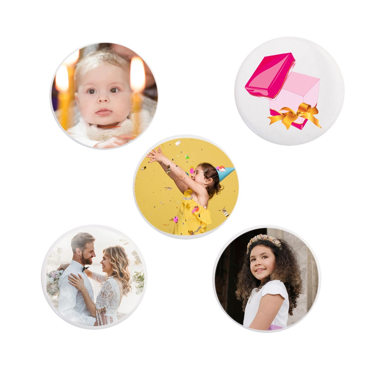 Distintivo personalizzato con foto o logo per matrimoni, battesimi, comunioni, compleanni e aziende.