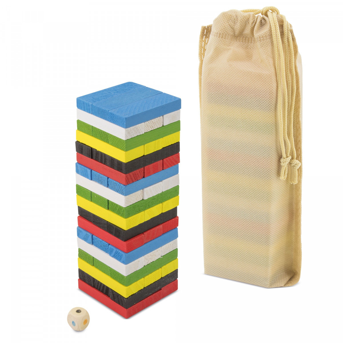 Gioco di abilità in legno colorato con dado e borsa per il trasporto