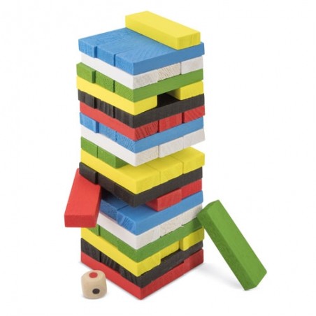 Gioco di abilità in legno colorato con dado e borsa per il trasporto