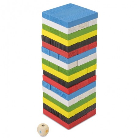 Gioco di abilità in legno colorato con dado e borsa per il trasporto