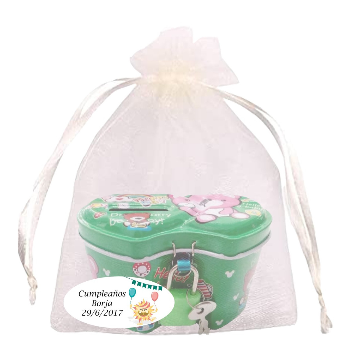 Salvadanaio per bambini in colori assortiti in un sacchetto di organza beige personalizzato con un adesivo