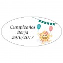 Salvadanaio per bambini in colori assortiti in un sacchetto di organza beige personalizzato con un adesivo
