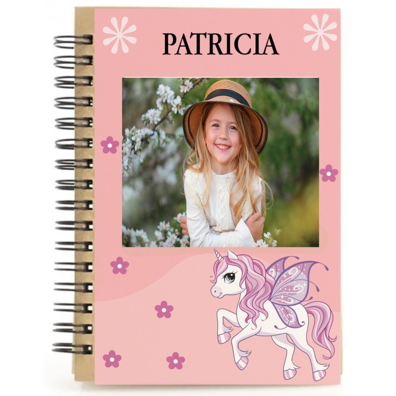 Taccuino personalizzato con unicorno rosa con nome e foto a colori
