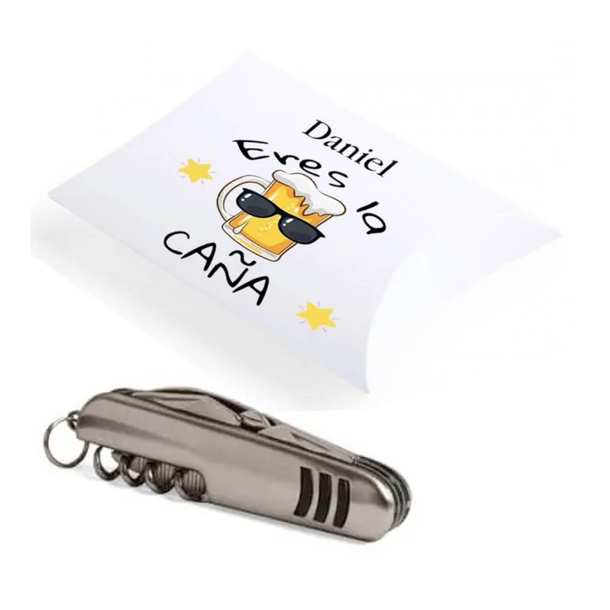 Coltello in scatola regalo personalizzata con adesivo sei fantastico