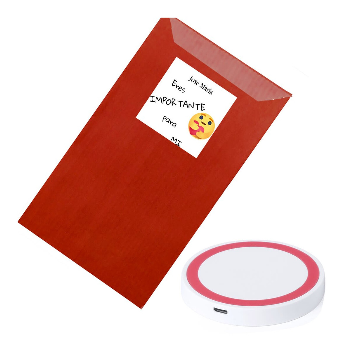 Caricatore wireless in busta kraft rossa personalizzata con adesivo sei importante per me