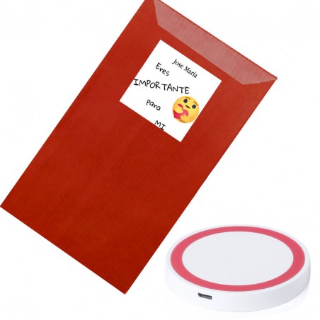 Caricatore wireless in busta kraft rossa personalizzata con adesivo sei importante per me