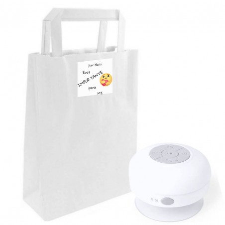 Speaker Bluetooth impermeabile in una busta kraft personalizzata con un adesivo. Sei importante per me.