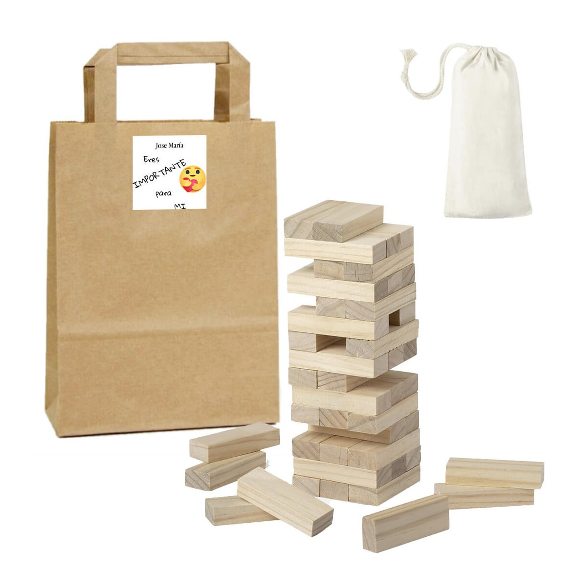 Gioco jenga presentato in una borsa kraft personalizzata con adesivo sei importante per me