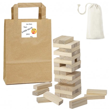 Gioco jenga presentato in una borsa kraft personalizzata con adesivo sei importante per me