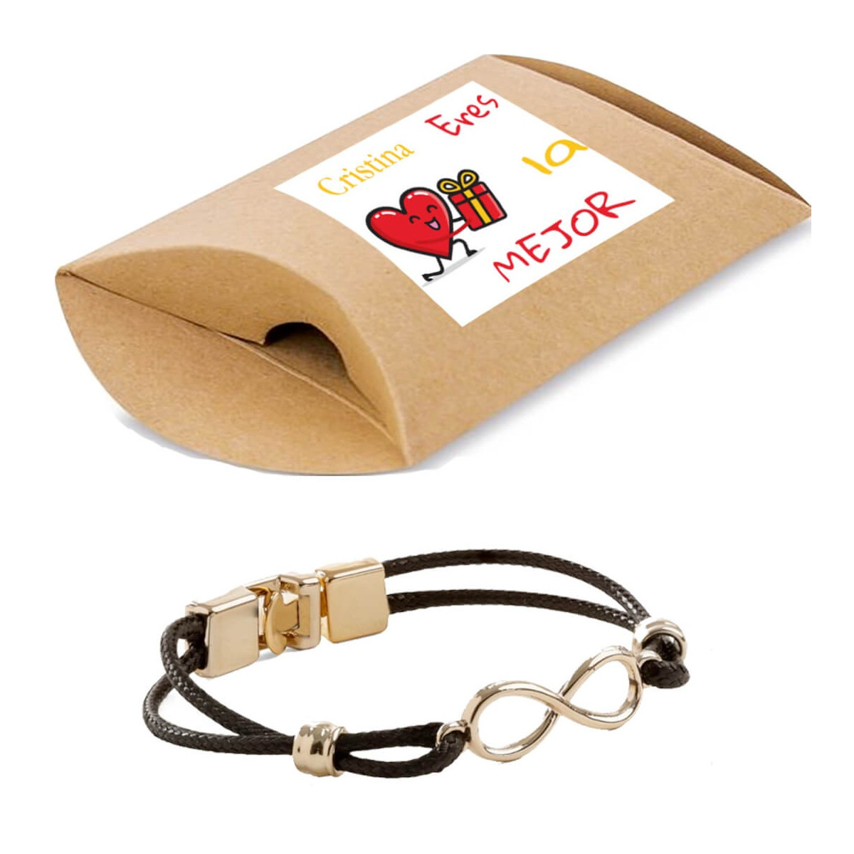 Bracciale infinito in scatola kraft personalizzata con adesivo con nome sei la migliore