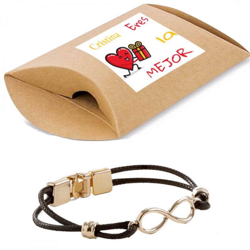 Bracciale infinito in scatola kraft personalizzata con adesivo con nome sei la migliore