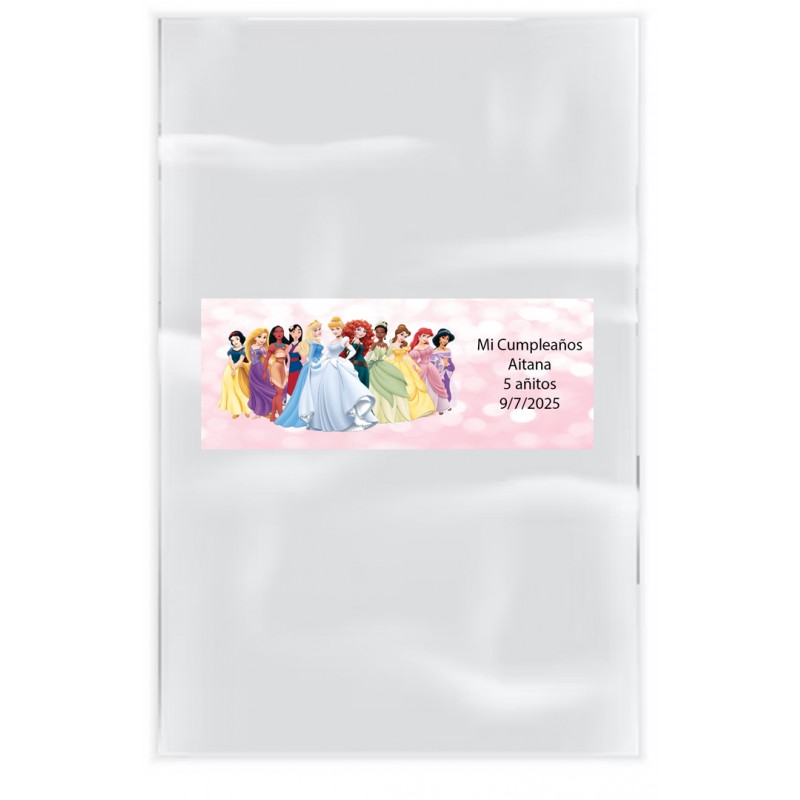 Confezione 20 sacchetti trasparenti con adesivo personalizzato con testo e nome principesse disney
