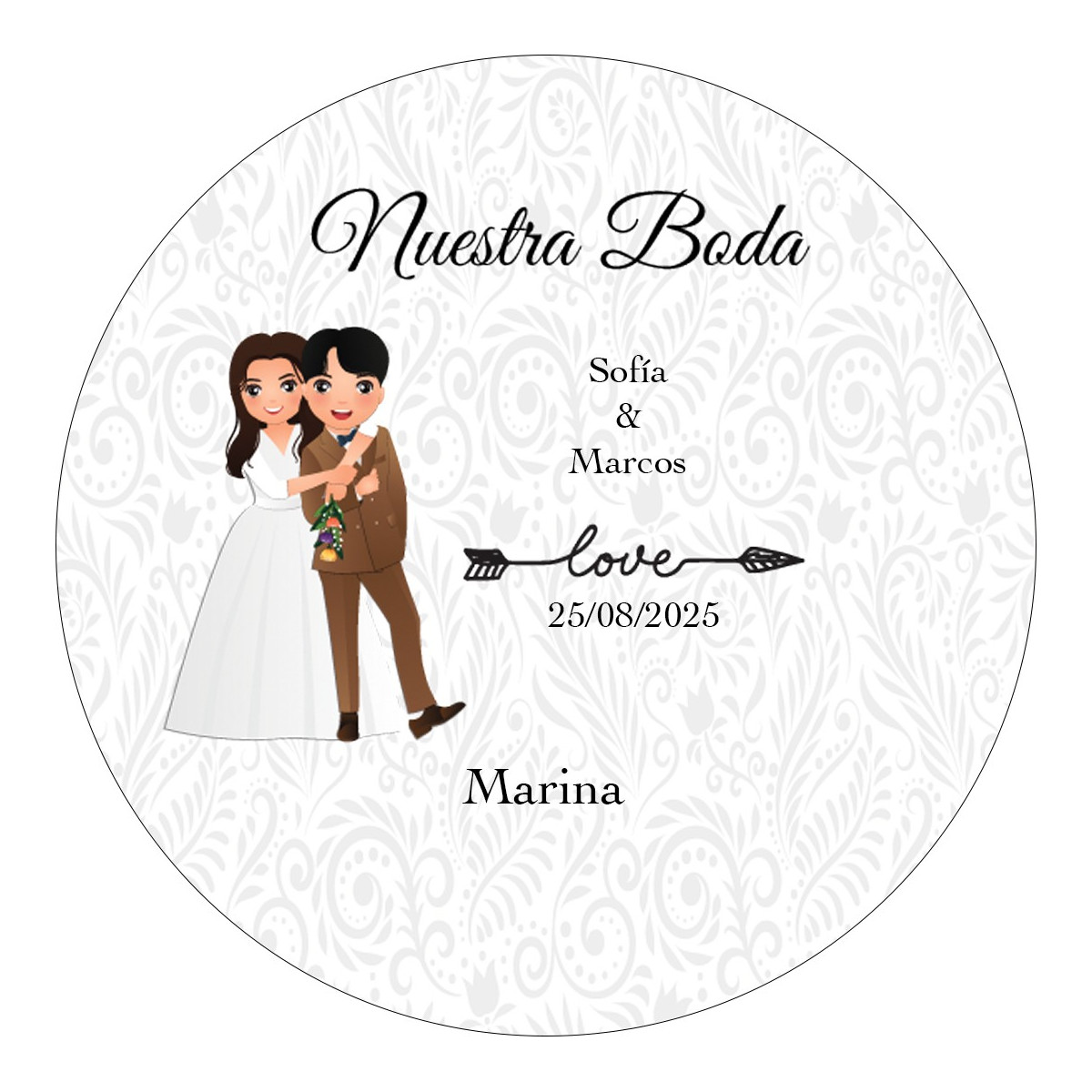 Adesivo rotondo personalizzato con nome degli invitati e degli sposi per matrimoni