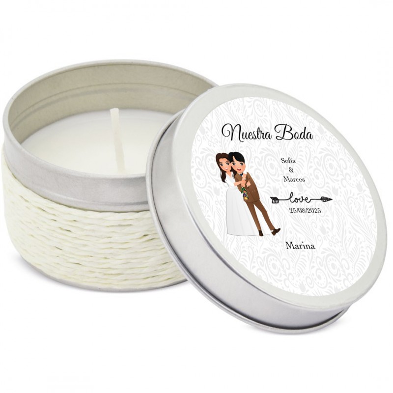 Candela aromatica personalizzata con nome degli invitati e degli sposi per matrimoni