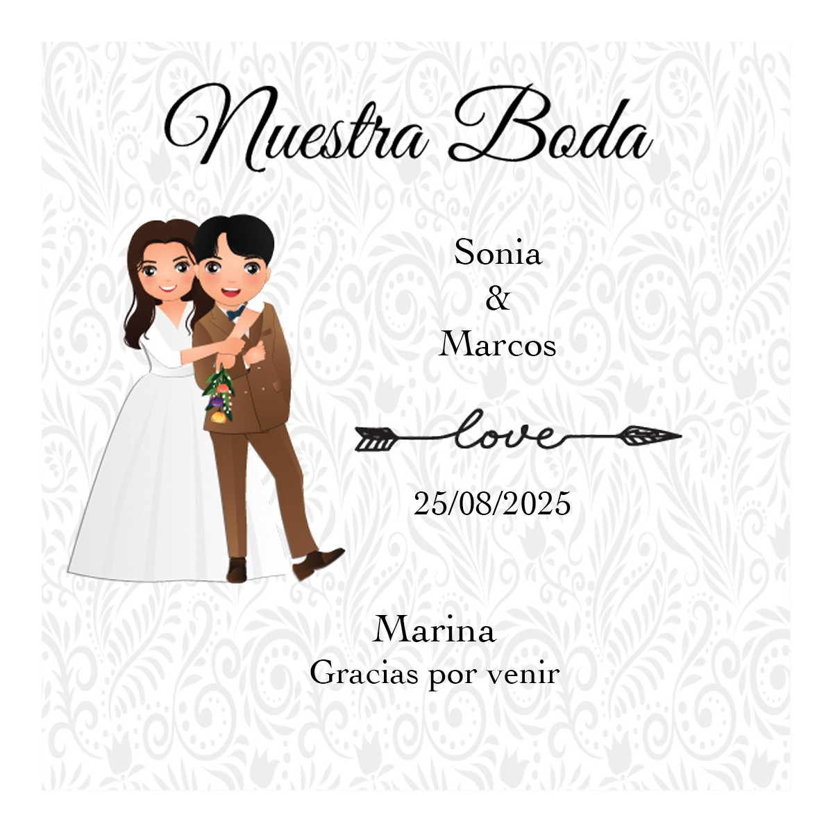 Adesivo quadrato personalizzato con nome dell'ospite e degli sposi per matrimoni