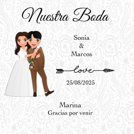 Adesivo quadrato personalizzato con nome dell'ospite e degli sposi per matrimoni