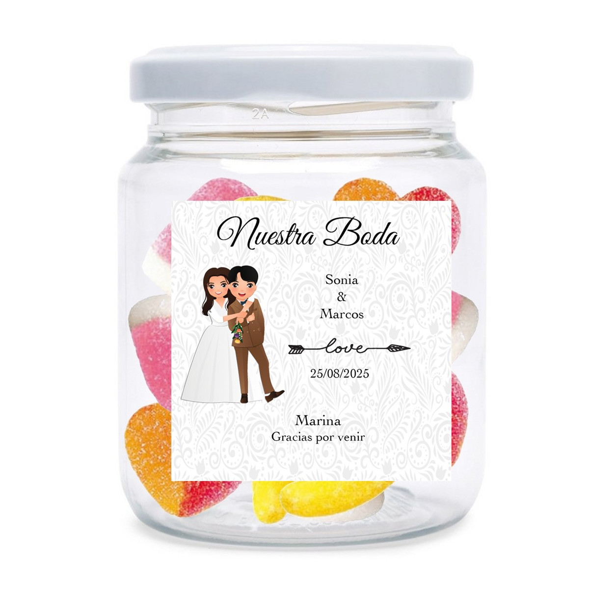 Barattolo di caramelle personalizzato con i nomi degli ospiti e degli sposi per i matrimoni