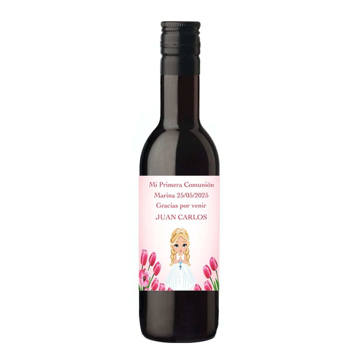 Bottiglia di vino per la Comunione personalizzata con il nome dell'invitato e della ragazza della Comunione