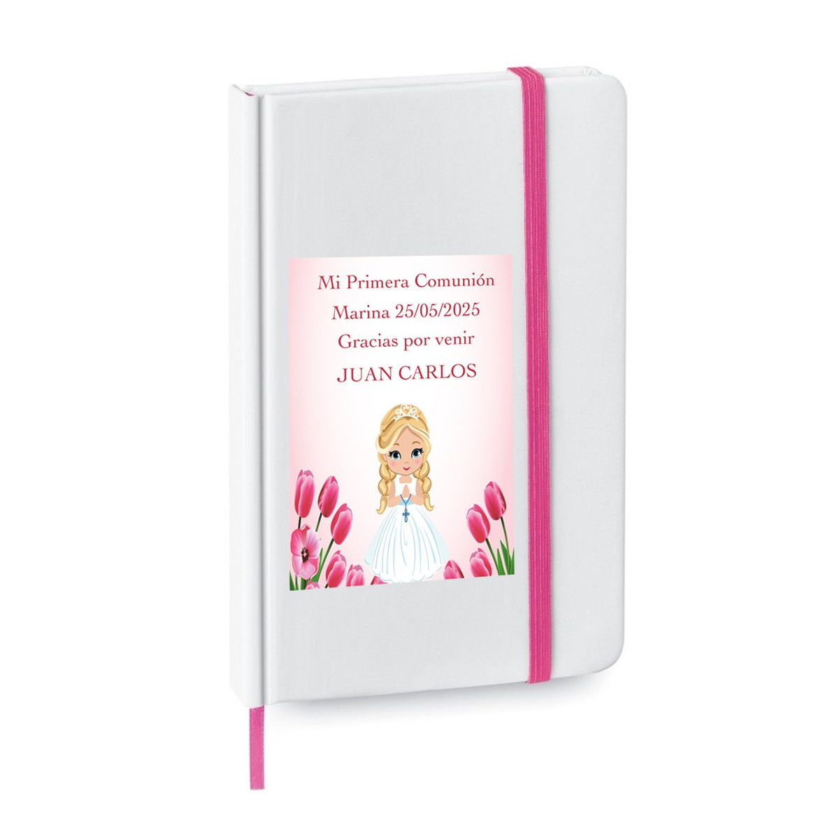 Libretto personalizzato con nome dell'invitato e bambina comunione in adesivo