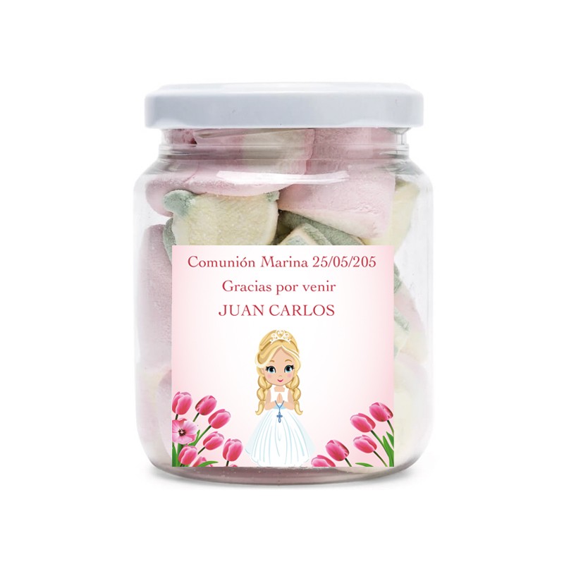 Barattolo di caramelle personalizzato con nome dell'invitato e bambina comunione in adesivo