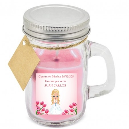 Candela aromatica rosa personalizzata con nome dell'invitato e bambina comunione con adesivo