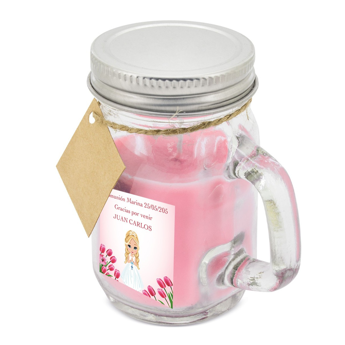 Candela aromatica rosa personalizzata con nome dell'invitato e bambina comunione con adesivo
