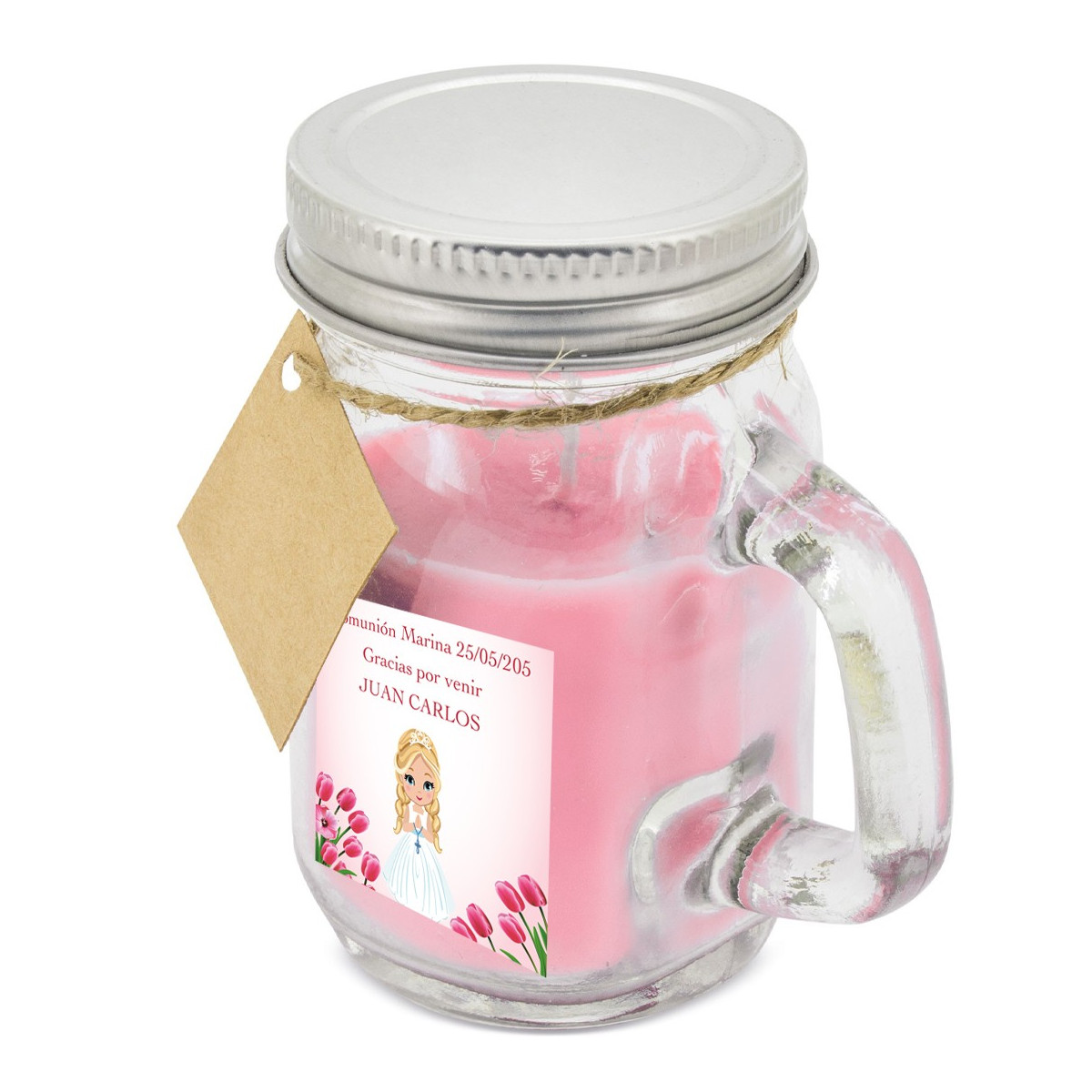 Candela profumata rosa personalizzata con nome dell'ospite e della bambina della comunione con adesivo