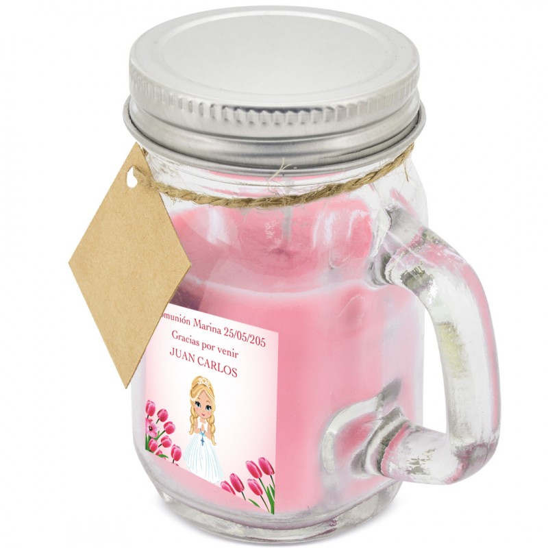 Candela aromatica rosa personalizzata con nome dell'invitato e bambina comunione con adesivo