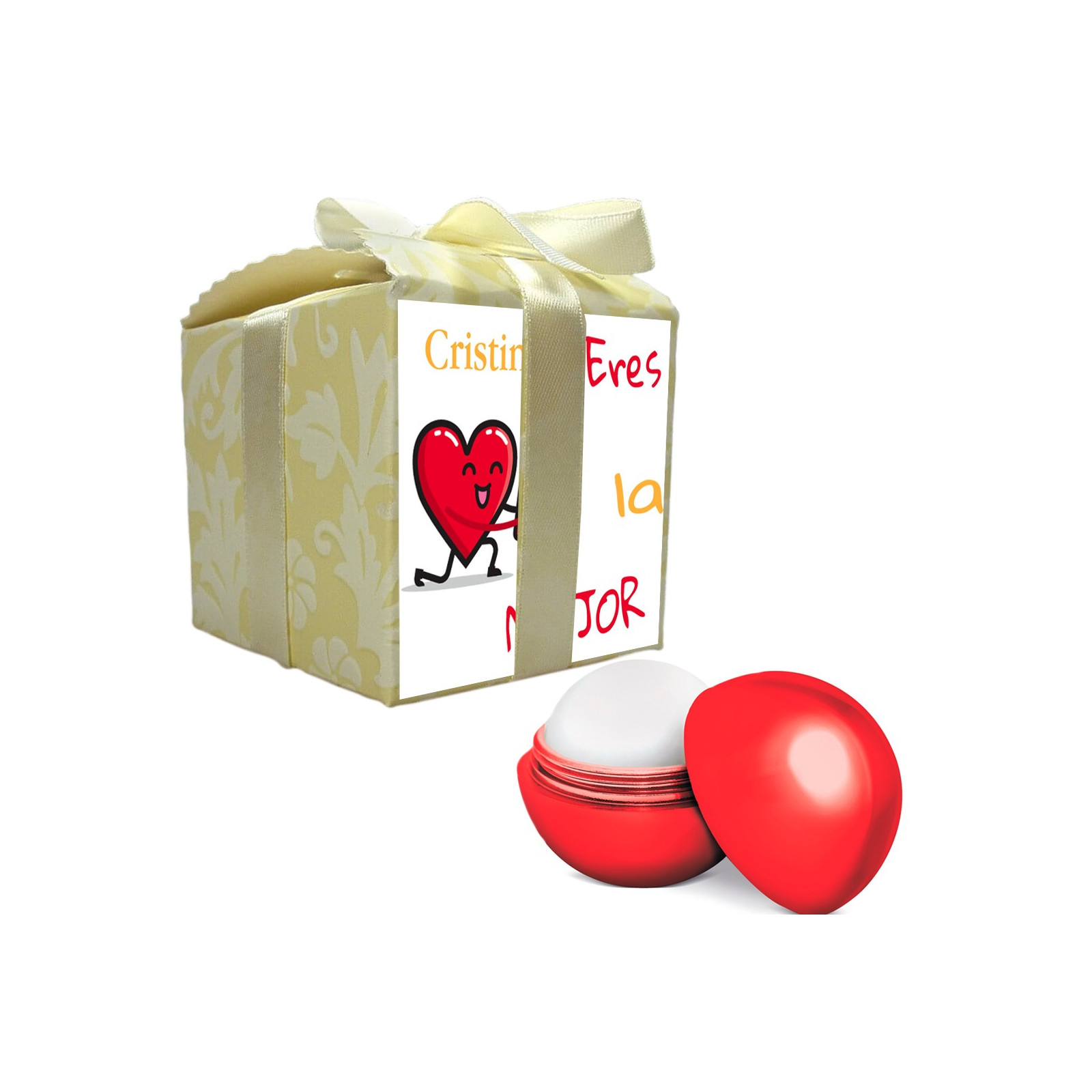 Balsamo per labbra rosso presentato in una confezione regalo con un adesivo personalizzato con il nome