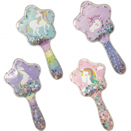 Spazzola districante unicorno a forma di stella con coriandoli all\'interno
