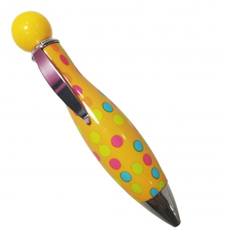 Penna gialla con pancia e stampa di cerchi colorati, penna divertente da regalo