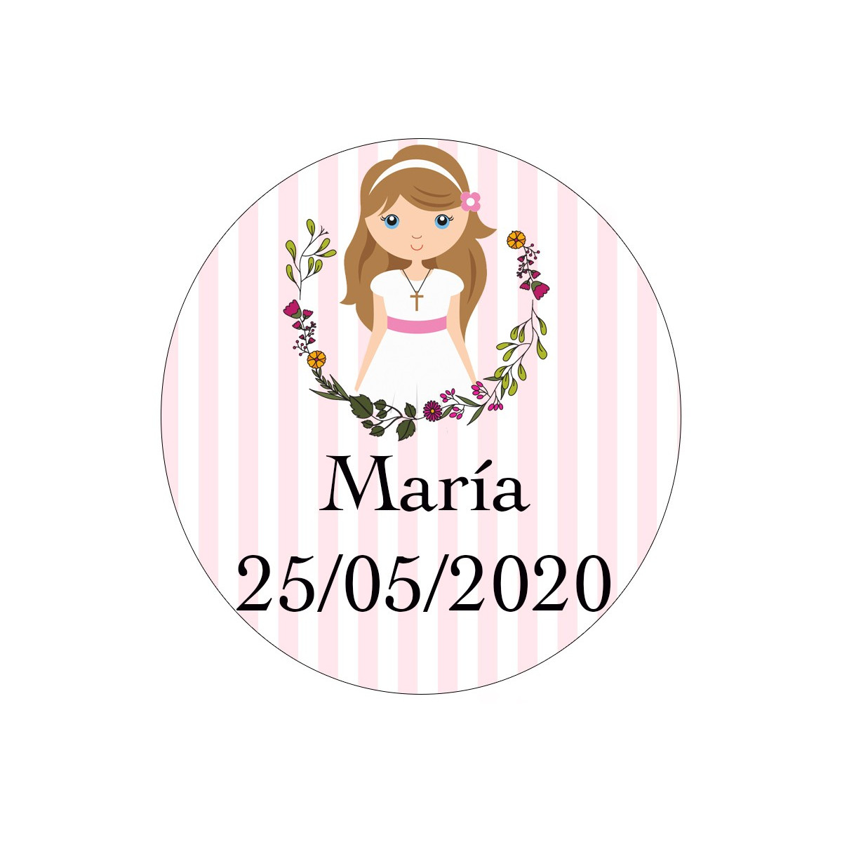 Adesivo personalizzato per Comunione Bambina con disegno fiori 3cm