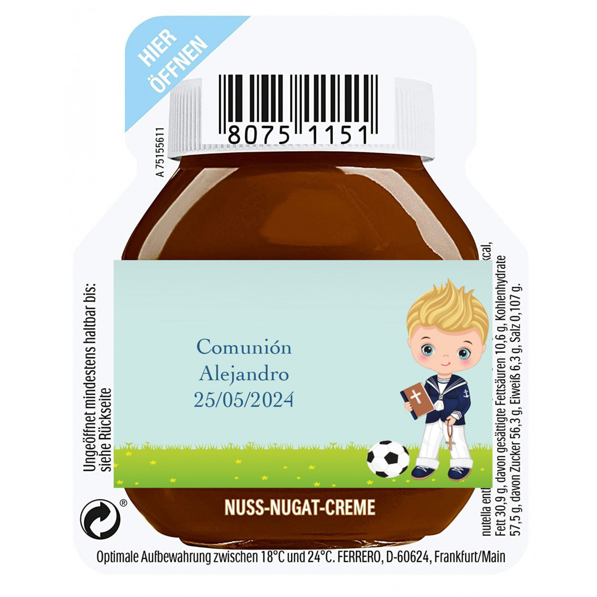15g di Nutella per un servizio personalizzato con adesivo per il bambino della comunione