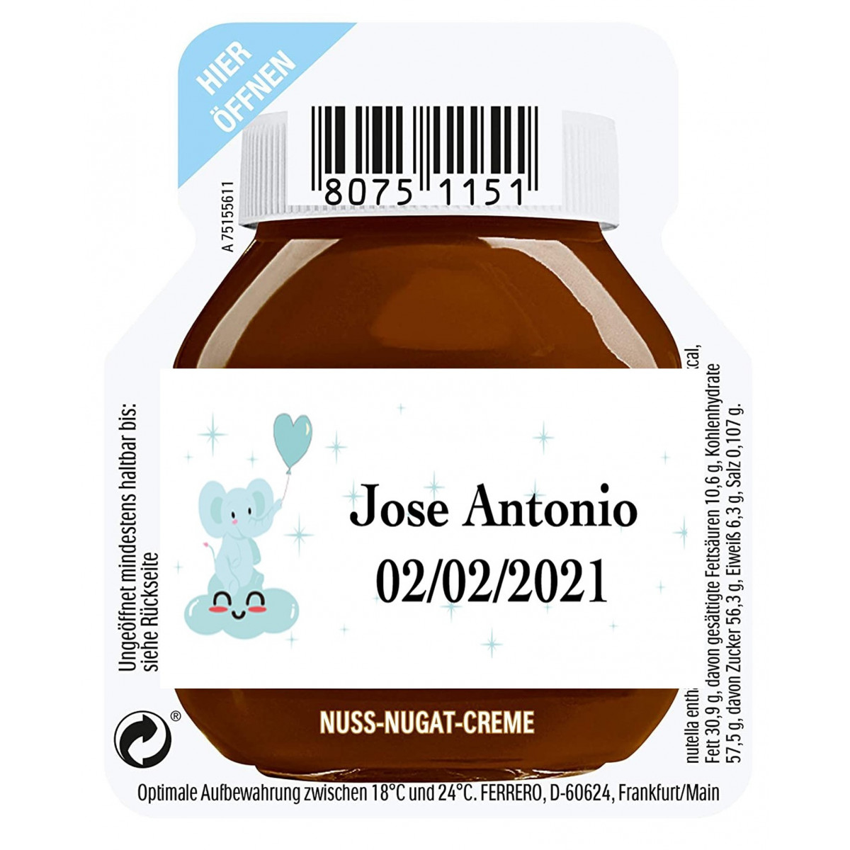 15g di Nutella per un servizio personalizzato con adesivo per il battesimo del bambino