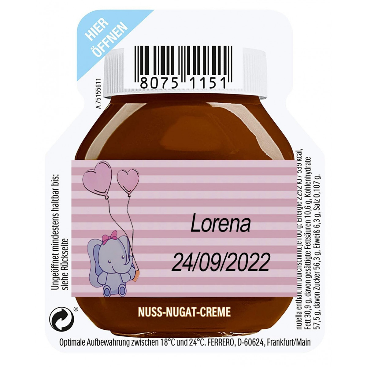 15g di Nutella per un servizio personalizzato con adesivo per il battesimo della bambina