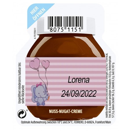 15g di Nutella per un servizio personalizzato con adesivo per il battesimo della bambina