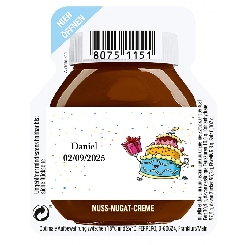 Nutella da 15 grammi per un servizio personalizzato con adesivo di compleanno