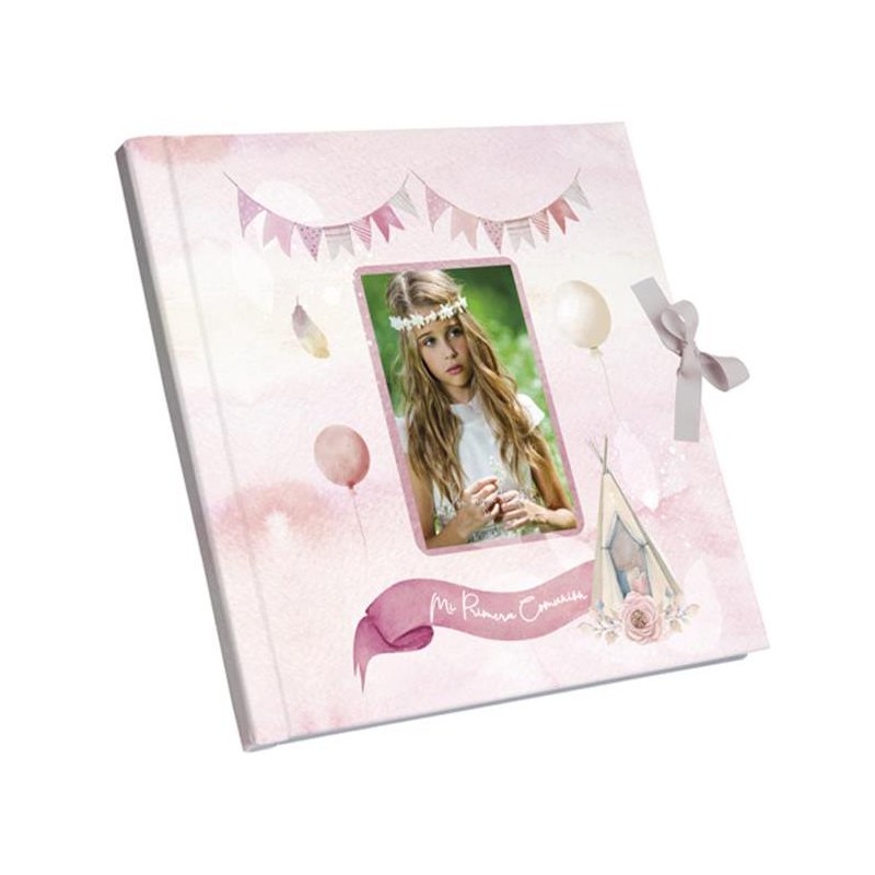Libro di comunione rosa per foto con chiusura a fiocco