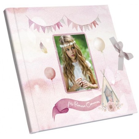 Libro di comunione rosa per foto con chiusura a fiocco