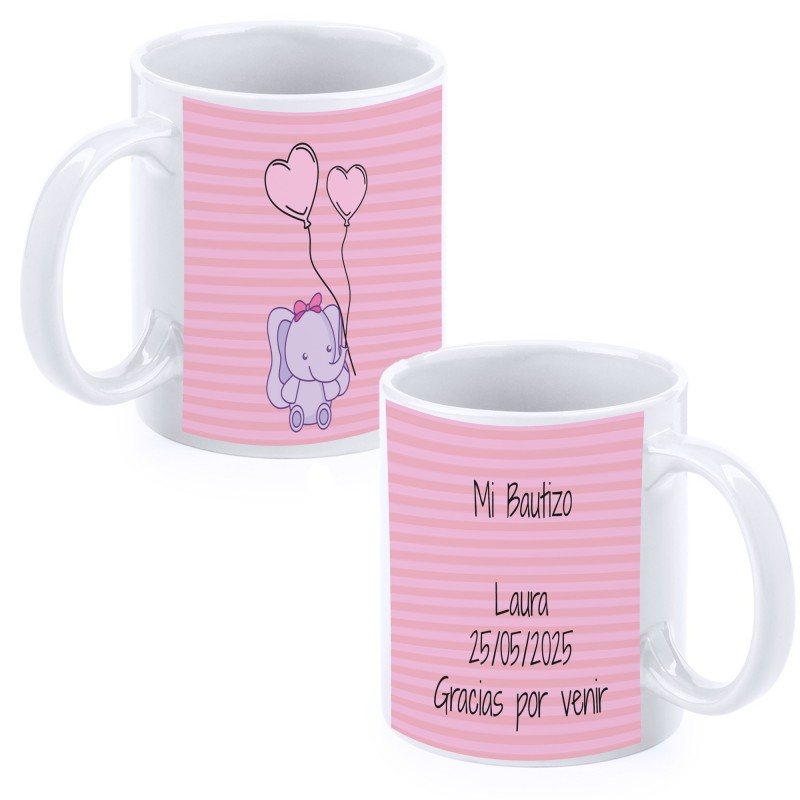 Tazza personalizzata per battesimo con elefante rosa con nome, data e dedica