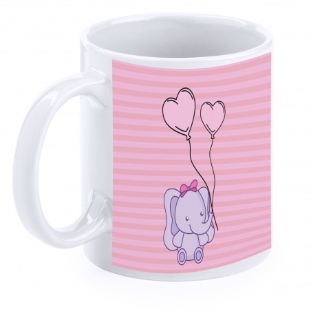 Tazza personalizzata per battesimo con elefante rosa con nome, data e dedica